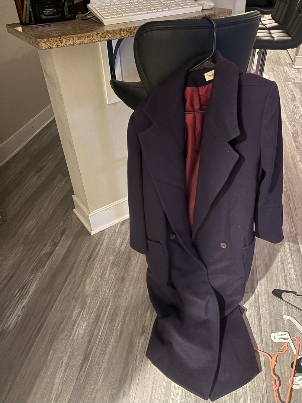 Jones New York Double-Breasted Pea Coat in Navy with Burgundy Lining
